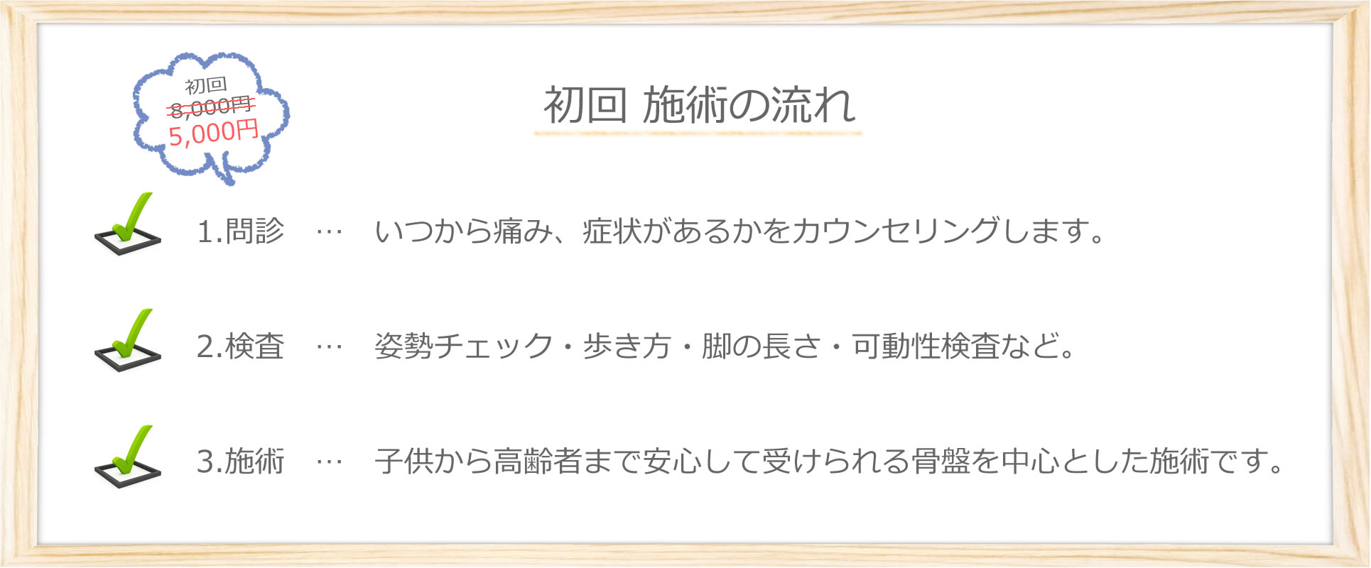 初回 施術の流れ 1.問診　…　いつから痛み、症状があるかをカウンセリングします。2.検査　…　姿勢チェック・歩き方・脚の長さ・可動性検査など。3.施術　…　子供から高齢者まで安心して受けられる骨盤を中心とした施術です。